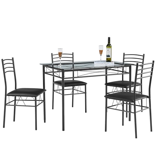 VECELO Kitchen Dining Room Table and Chairs [4 Placemats Included] 5-Piece Dinette Sets, Space Saving, Matte Black