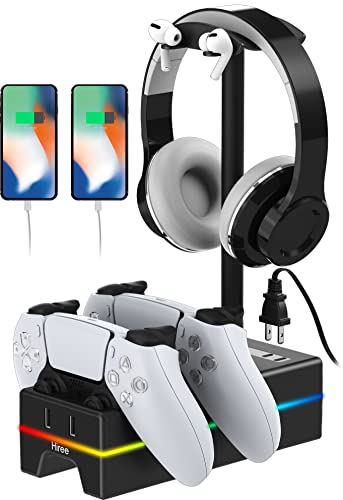 PS5 Controller Charger with USB Charging Port and AC Outlet, RGB DualSense Charging Station Dock for Dual Playstation 5 Controllers with Headphone Stand, PS5 Accessories
