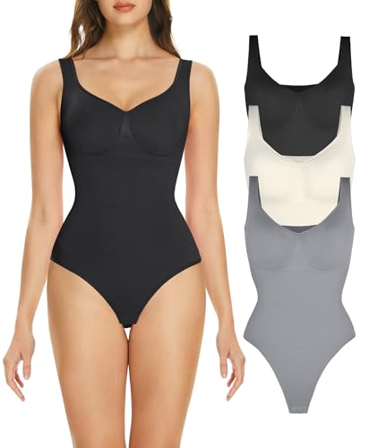 Lover-Beauty Women's 3 Piece Bodysuits Ribbed Thong Sculpting Shapewear Seamless Tank Top Black White Grey