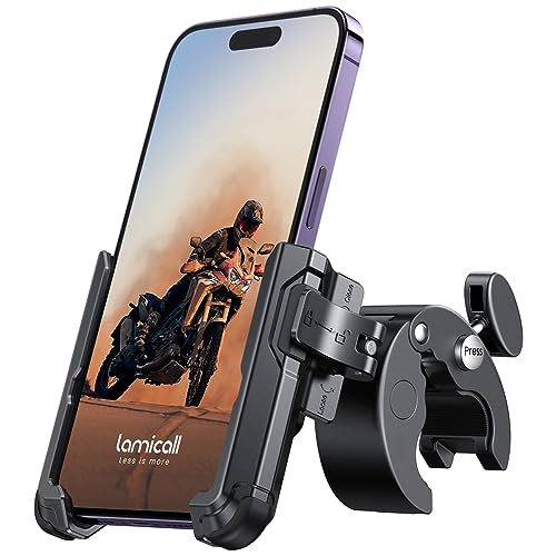 Lamicall Motorcycle Phone Mount Holder - [Camera Friendly] [1s Lock] 2023 Bike Phone Holder Handlebar Clamp, Bicycle Scooter Phone Clip, for iPhone 15 Pro Max, 14 13 Mini, 2.4~3.54' Wide Phones, Black