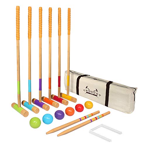 GoSports Six Player Croquet Set for Adults & Kids - Modern Wood Design - Choose Deluxe (35') or Standard (28')