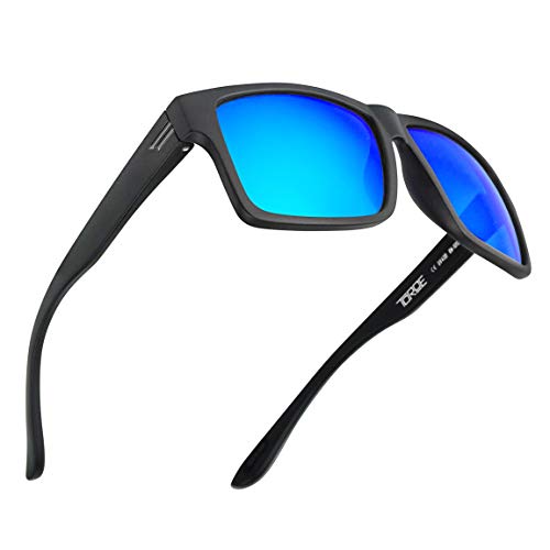 TOROE All Black Square TR90 Frame Polarized Sunglasses with Anti Reflective Water Repellent Polycarbonate Lenses (Matte Black Frame, Baja Blue Mirror (Category 3))