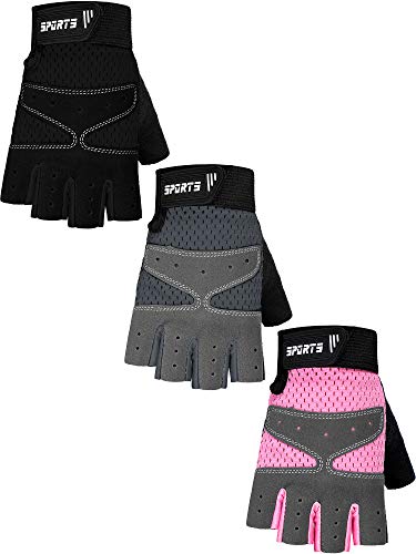 SATINIOR 3 Pairs Kids Half Fingerless Gloves Non-Slip Gel Gloves Adjustable Sports Gloves for Kids Cycling Biking, Pink, Grey Black