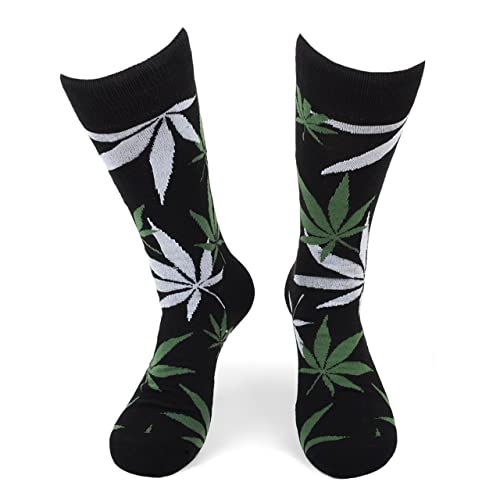 Urban Peacock Men's Novelty Fun Crew Socks - Multiple Patterns! (Weed Leaf - Marijuana 420 - Black, 1 Pair)