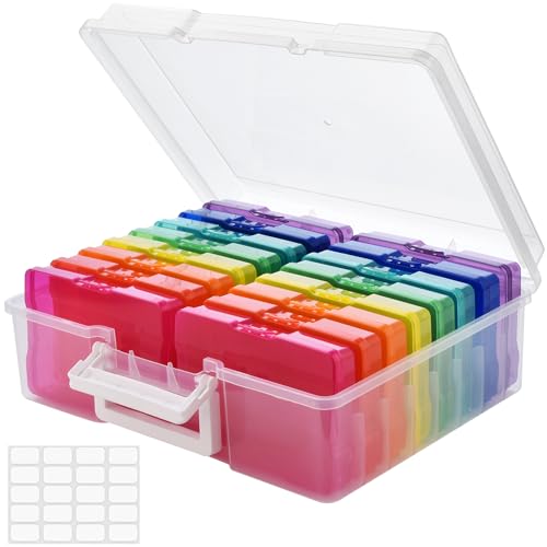 ALINK Photo Storage Box with Handle, 4' x 6' Photo Organizer Storage Container with 16 Inner Case and 1 Sheet Blank Labels for Pictures, Arts, Crafts, Sewing, Seeds, Office Supplies - Colored