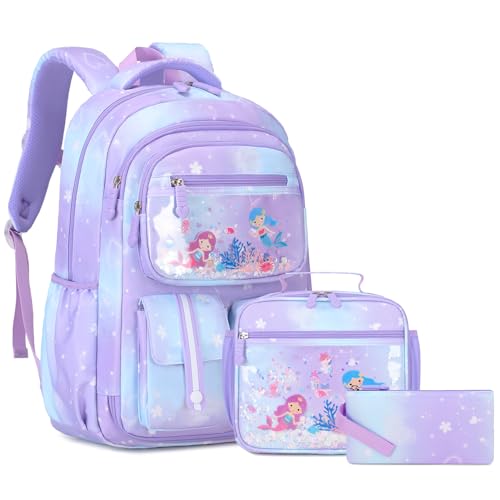ACESAK Kids School Backpack for Girls, Bookbag Backpack with Lunch Box & Pencial Pouch for Girls Kids Teens Elementary Middle School Student, Purple Mermaids Girl Backpack for School (3pcs Backpack)
