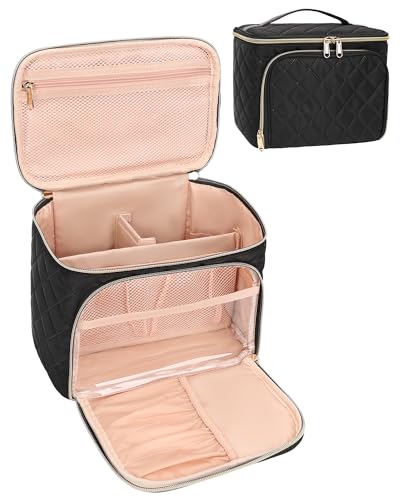 Relavel Makeup Bag, Large Capacity Travel Makeup Bag Organizer, Waterproof Cosmetic Bag with Adjustable Dividers for Women, Make Up Brush Holder Makeup Case with Compartments (Black)