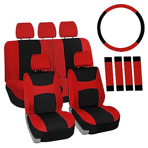 FH Group Car Seat Covers Full Set Cloth, Universal Fit combo, Automotive Covers, Low Back Front Airbag Compatible,Split Bench Rear Seat,Washable Cover for SUV,Sedan,Van Red