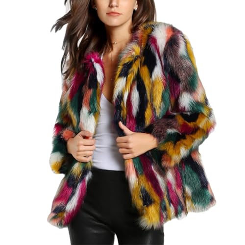 Gihuo Women’s Multicolor Faux Fur Coat Winter Warm Gradient Color Outwear Jacket Fall Shaggy Furry Open Front Cardigan (Multicolor-L)