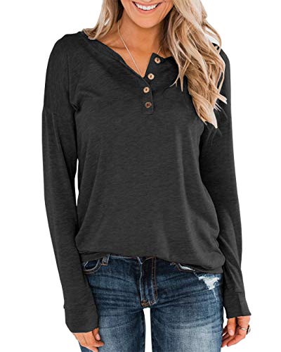 Topstype Women's Long Sleeve Henley Tops Pullover with Buttons Down Casual Loose Fit V-Neck Tunics