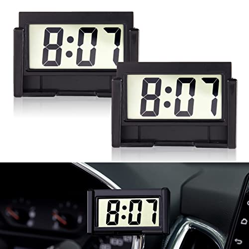 KANBIT Small Digital Car Dashboard Clock Battery Operated Big Clear LCD Time Display with Strong Adhesive Mini Stick On Car Watch for Automotive, Motorcycle &Truck (No Light Black, Pack of 2)