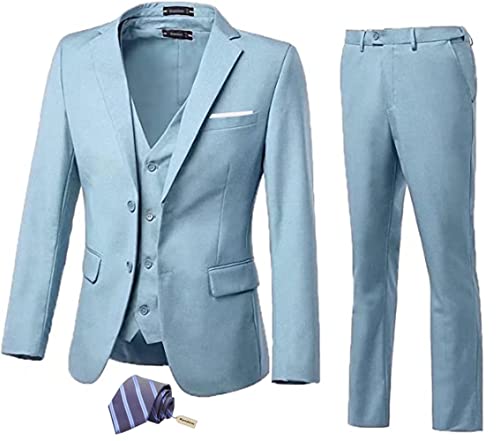 High-End Suits Homecoming Suits, Sky Blue 3 Piece Suit Men, Prom Suits for Men Notch Lapel Casual Suits Jacket Vest Pant with Tie-XL/4438