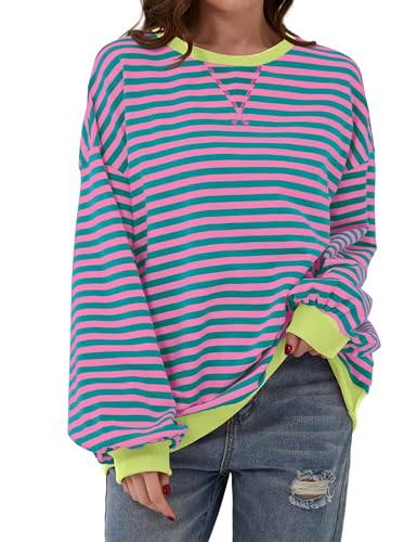 TERIVEEK Women Oversized Striped Color Block Long Sleeve Crew Neck Sweatshirt Casual Loose Pullover Y2K Shirt Top Pink