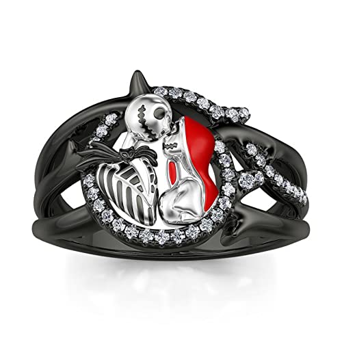 Jeulia Gothic Skull Diamond Rings: Sterling Silver Jack and Sally Skeleton Rings Band Halloween Romantic Nightmare Jewelry for Her Teen Girls Engagement Anniversary Christmas with Gifts Box (Everlasting Love, 9.5)