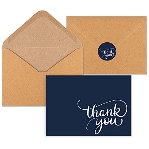 Joyberg 34 PCS Thank You Cards 3.5x5, Blank Navy For Baby Shower , Brown Paper Envelopes and Stickers Thank You Notes For Wedding