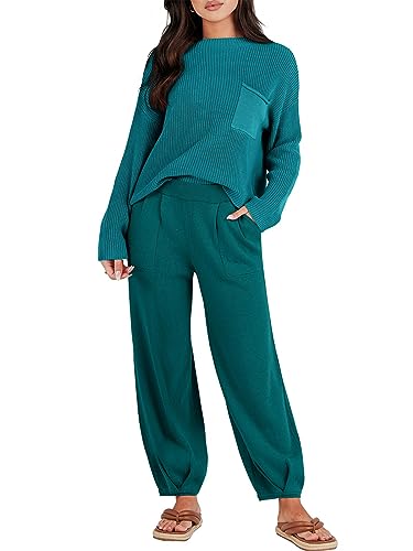 Prinbara Women's Two Piece Sweater Sets Long Sleeve Knit Pullover Tops Casual Pants Sweat Outfits Set Matching Lounge Set 2023 Fashion Clothes Loungewear Deep Green 1PA082-shenlv-XXL