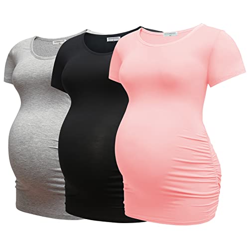 Bearsland Womens Maternity Tshirt 3 Packs Classic Side Ruched Tee Top Mama Pregnancy Clothes,Black+LightGray+Pink,S