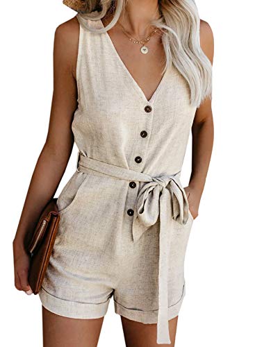 Acelitt Women's Summer Casual V Neck Sleeveless Button Down Tie Waist Rompers Short Jumpsuit Beige XS