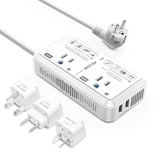 Universal Travel Adapter 220V to 110V Voltage Converter US to Europe 2000W Travel Voltage Converter with 2 USB Ports and EU/UK/AUS Plug Adapter for Hair Dryer/Curling Iron (White)