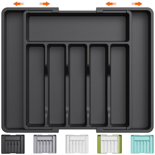 Lifewit Silverware Drawer Organizer, Expandable Utensil Tray for Kitchen, BPA Free Flatware and Cutlery Holder, Adjustable Plastic Storage for Spoons Forks Knives, Large, Black