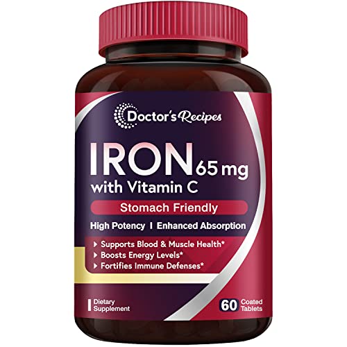 Doctor's Recipes Iron 65 mg Carbonyl Iron with Vitamin C, Maximized Absorption Easy on The Stomach, Red Cells Formation, Blood, Heart, Brain, Muscle & Immunity Health, Vegan Non-GMO 60 Tablets