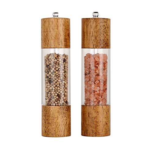 XWXO Premium Acrylic Salt and Pepper Grinder Set, Manual Salt and Pepper Mills- Wooden Shakers with Adjustable Ceramic Core-Salt Grinder and Pepper Mill -8 Inches-Pack of 2