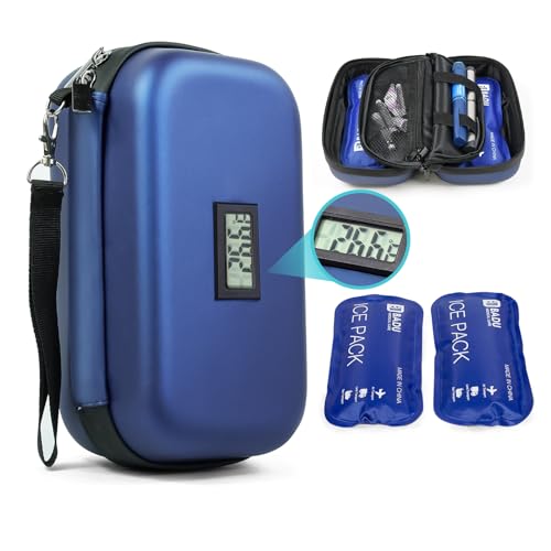 Gosemai 24h Insulin Cooler Travel Case TSA Approved Medication Diabetic Cooler For Travel With Thermometer Temperature Display Refrigerated Medicine Organizer Bag With 2 Ice Pack