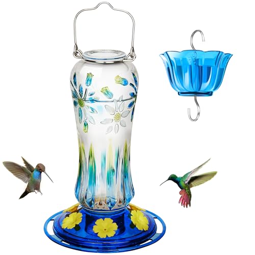 Kingsyard Hummingbird Feeder for Outdoors Hanging, 25 Ounces, Glass Humming Bird Nectar Feeder with Ant Moat & 6 Feeding Ports, Leak Proof, Blue