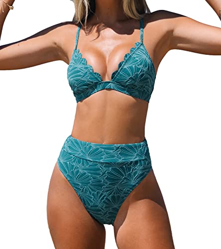 CUPSHE Bikini Set for Women Bathing Suit High Waisted Scalloped V Neck Two Pieces Swimsuit S Cyan