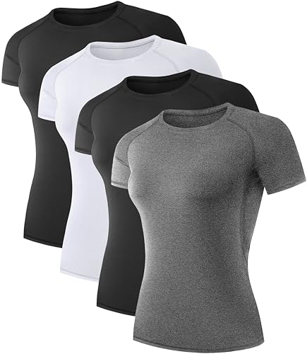 TELALEO 4 Pack Women's Compression Shirt Running Athletic T-Shirts Workout Tops Baselayer Short Sleeve Yoga Gym Sports Gear 2Black/Grey/White S