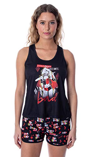 INTIMO DC Comics Women's Harley Quinn Pajamas It's Good To Bad Racerback Tank Shirt And Shorts Pajama Set (Large) Black