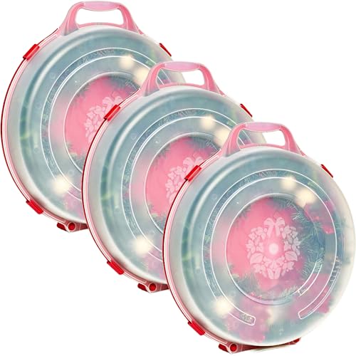 HOMZ Set of 3 Holiday Wreath Plastic Storage Containers, Holds Up to 24” Diameter, Secure Latching Lid and Easy Grip Handle, Stackable, Red/Clear