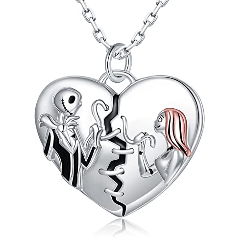 Nightmare Before Christmas Necklaces for Women - 925 Sterling Silver Jeulia Jack Skellington and Sally Heart Love Jewelry Gifts for Girls Girlfriend Wife (Jack and Sally)