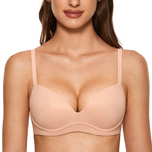 DOBREVA Women's Push Up Bra No Underwire Comfortable Wireless Bras Padded Plunge Blush Beige 38B