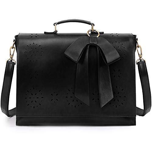 ECOSUSI Women's Briefcase Vegan Leather 15.6 inch Laptop Bag for Work Computer Shoulder Satchel Bag with Detachable Bow, Black