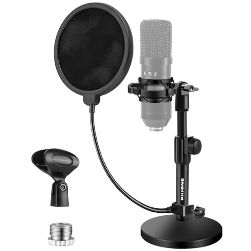 BILIONE Upgraded Desktop Microphone Stand, Adjustable Mic Stand Desk with Pop Filter, Shock Mount, Microphone Clip, 5/8' to 3/8' Metal Screw Adapter