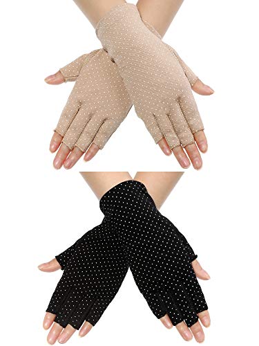 Maxdot Fingerless Gloves Non Slip UV Protection Driving Gloves Summer Outdoor Gloves for Women and Girls (Black and Khaki, 2)