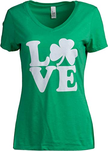 Shamrock Love | Funny St Pat's Paddy Patrick Patty's Green Heart Cute V-Neck T-Shirt for Women-(Vneck,L)