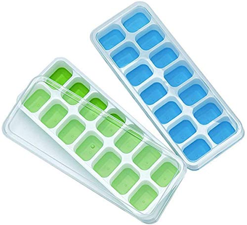 Ice Cube Trays, Silicone Easy-Release and Flexible 14-Ice Trays with Spill-Resistant Removable Lid, BPA Free, Durable and Dishwasher Safe, 2 Pack