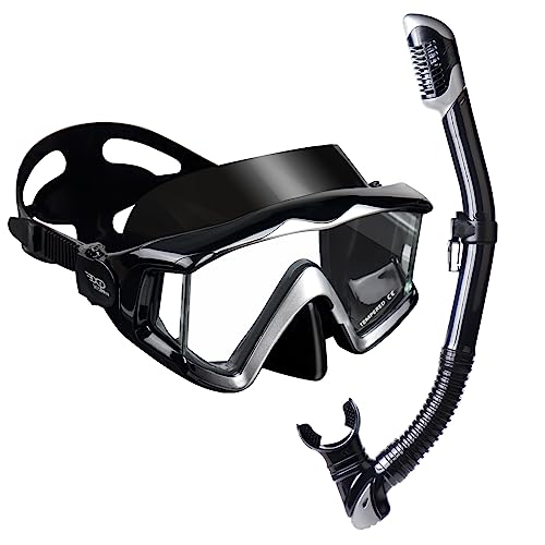 Snorkel Set Pano 3 Adult Snorkeling Gear, Professional Anti-Fog Snorkel Mask Dry Top Snorkel, Tempered Glass Scuba Diving Mask for Freediving, Snorkeling and Swimming(Black Set)