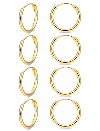 Hoop Earring 14K Gold Plated S925 Sterling Silver Endless Hoop Earring Set for Women Men 8mm-12mm (4 pairs 14K gold 8MM)