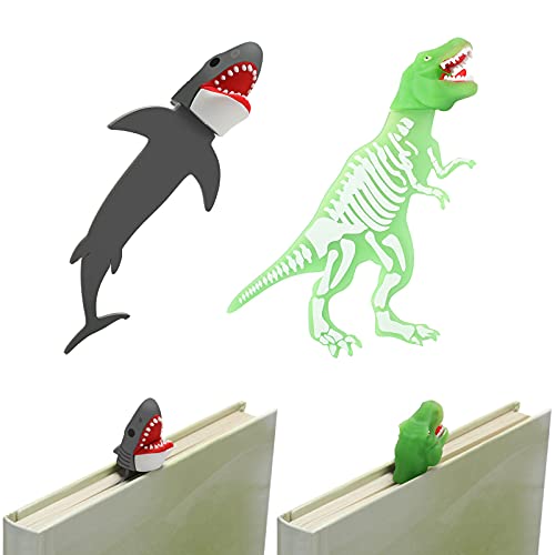 2 Pieces Shark Bookmark for Kids Boys Dinosaur Bookmark Giant Cool Childrens 3D Bookmarks Luminous 3D Cartoon Animal Bookmark, School Supplies (Dinosaur and Shark Style)