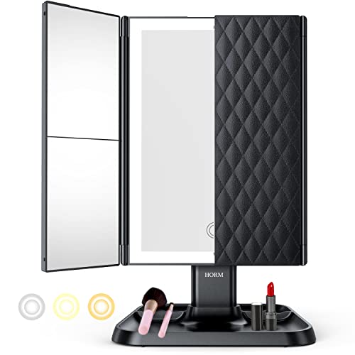 Trifold Makeup Vanity Mirror with Lights - 3 Color Lighting Modes 72 LED , Touch Control Design, 1x/2x/3x Magnification, Portable High Definition Cosmetic Lighted Up Mirror (Black)