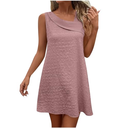 Sales Today Clearance Summer Dresses for Women Oblique V Neck Sleeveless Textured Dress Casual A Line Tank Dress Short Mini Dress Beach Sundress Pink
