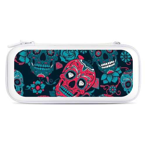Colorful Sugar Skulls with Floral Portable Protective Shell Compatible with Switch Case Wristlet Travel Bag with 15 Game Cartridges White-Style-5