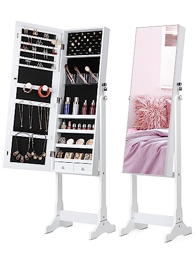 Nicetree Jewelry Cabinet with Full-Length Mirror, Standing Lockable Jewelry Armoire Mirror Organizer, 3 Angel Adjustable, White
