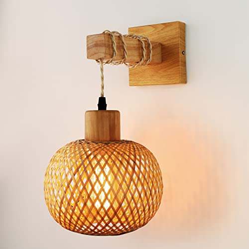 Rattan Wall Sconce Lighting - Frideko Rattan Lamps for Bedroom, Farmhouse Rustic Wall Mount Boho Vintage Sconces Light Fixture Indoor for Living Room(Bulb NOT Included)