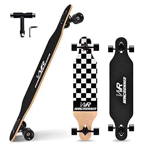 Windrunner 41 inch Freeride Longboard Skateboard,8-Ply Natural Maple Drop Through Freestyle Complete Skateboard Cruiser Pintail for Cruising,Carving,Free-Style and Downhill,Black and White Case