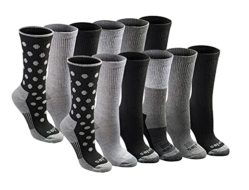 Dickies Women's Dri-Tech Moisture Control Crew Socks Multipack, Black Dotted (12 Pairs), Shoe Size: 6-9