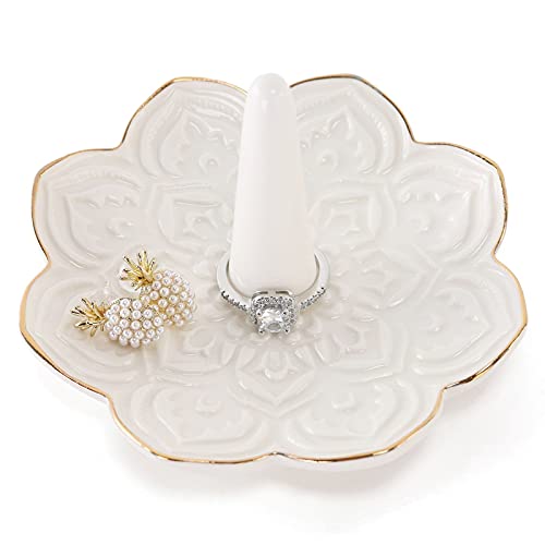 RUIMIC Ceramic White Mandala Jewelry Holder Decorative Ring Holder/Trinket Tray Valentine's Day Engagement Wedding Birthday Gifts for Women Her